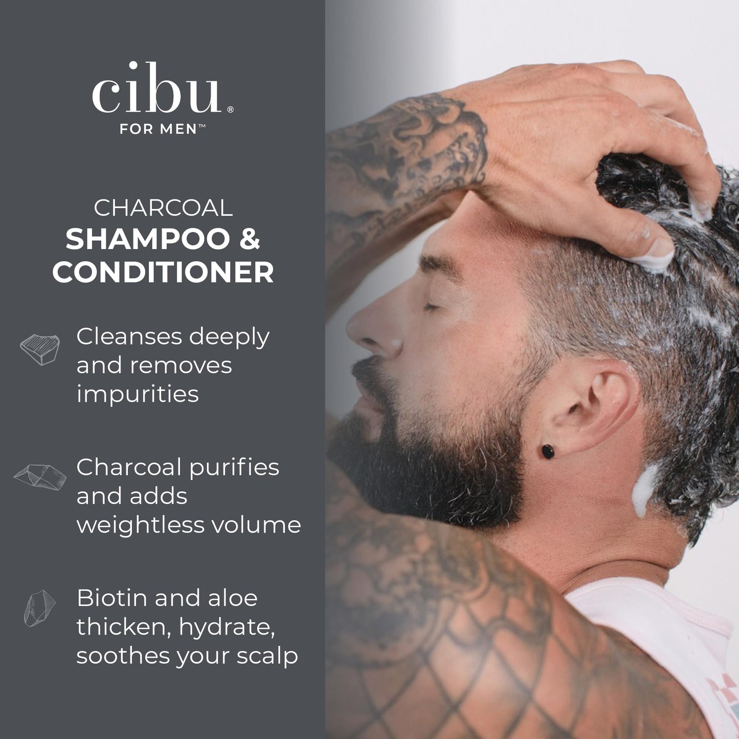 CIBU for Men Charcoal Shampoo and Conditioner Bundle - 12oz Deep Clean Men’s Volumizing Shampoo - 12oz Hydrating and Volumizing Charcoal Cleansing