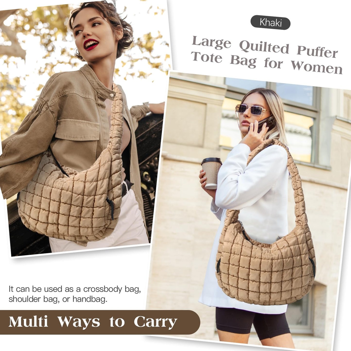 Puffer Tote Bag Large Puffy Quilted Soft Quilted Crossbody Bag Carryall Hobo Handbags for Women Girl (Khaki)