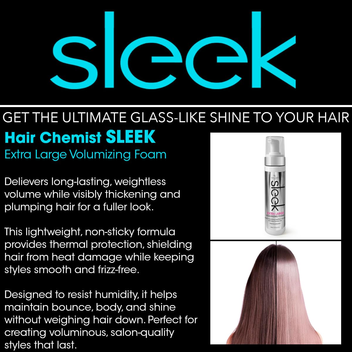 Hair Chemist SLEEK Extra Large Volumizing Foam 8 oz. - Natural Hair Volume & Thermal Protectant, Frizz Free Volumizing Foam