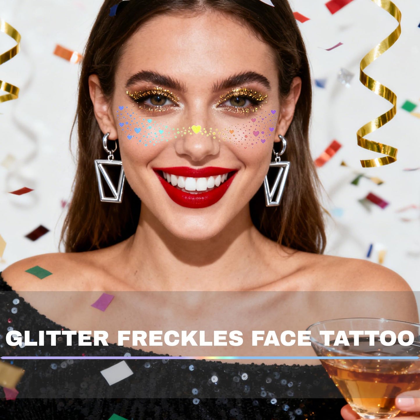 Glitter Freckles, Holographic Face and Body Glitter Tattoo Sparkle for Women Gold Glow Cosmetic Star Makeup Accessories for Festival Rave (12pcs