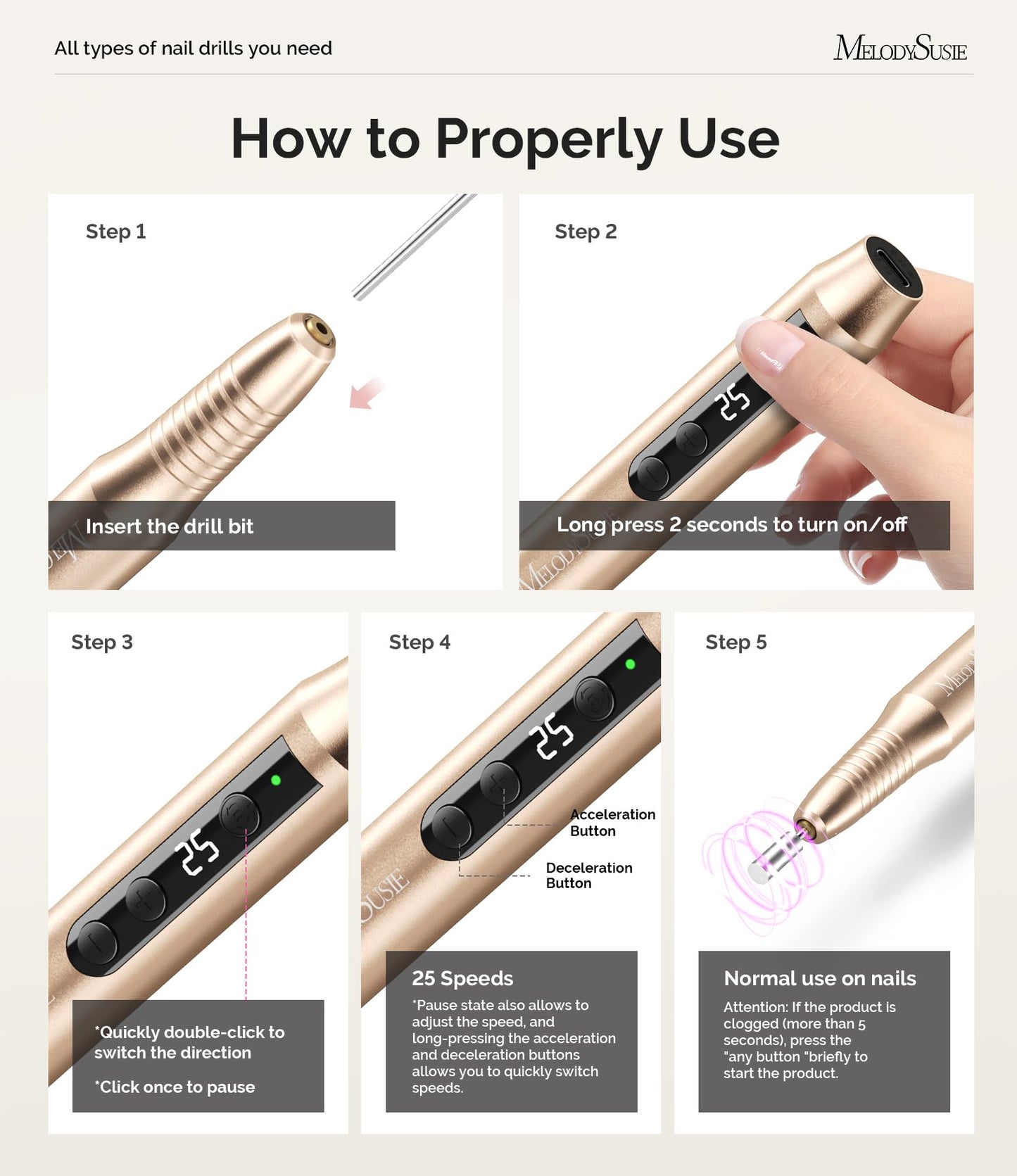 MelodySusie Pen-Shaped Portable Cordless Nail Drill,PC180G 25000RPM Rechargeable Electric File with LED Display for All Nail Care, Manicure Shaping Beauty and Personal Care MelodySusie