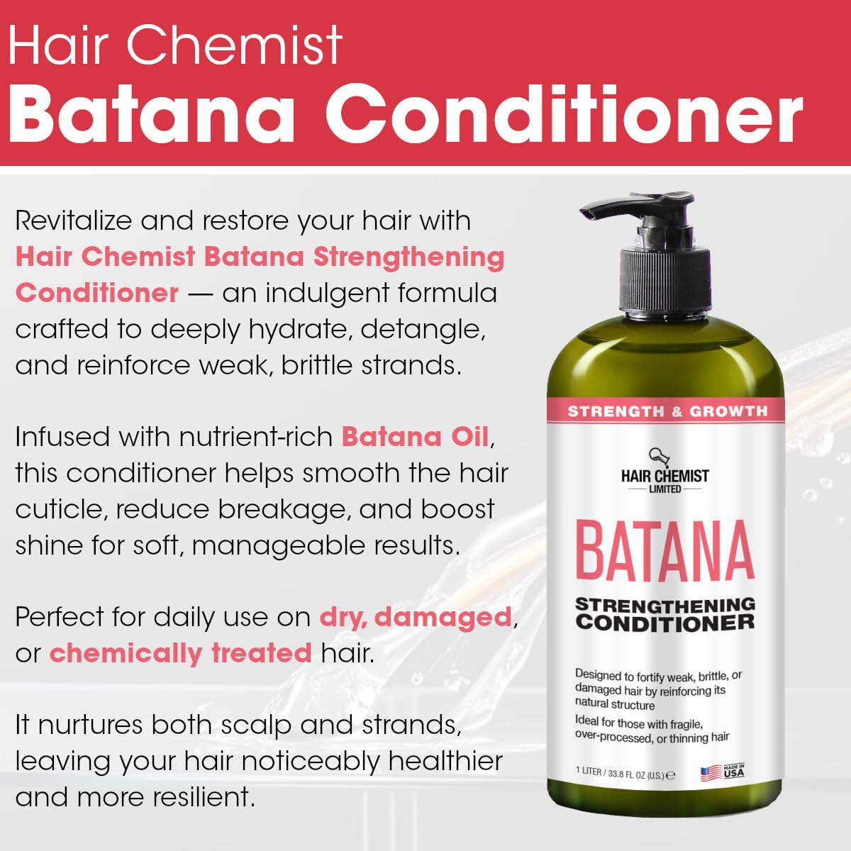 Hair Chemist Batana Strengthening Large Shampoo, Conditioner and Hair Oil Set (3-PC SET) - Batana Shampoo and Conditioner for Hair Growth, Thickening
