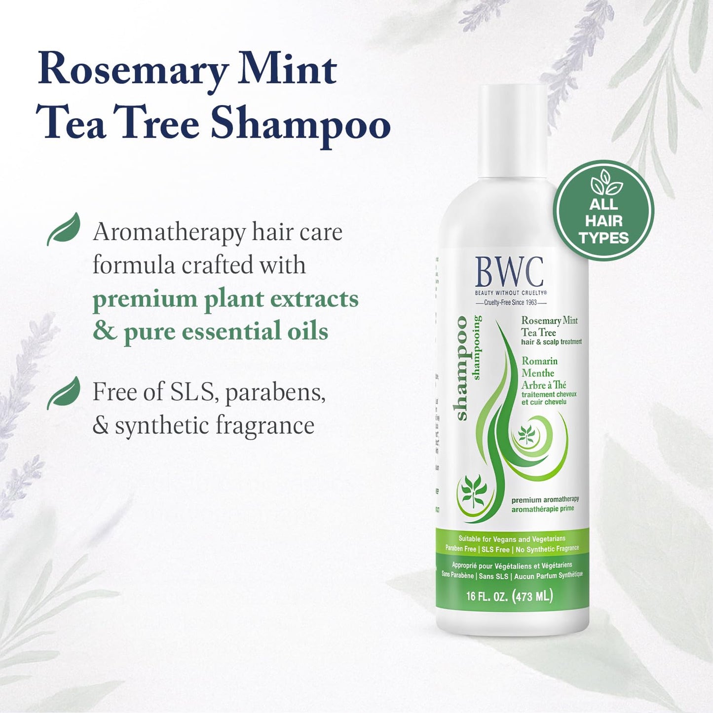 Beauty Without Cruelty Shampoo, Clarifying Rosemary Mint Tea Tree - Aromatherapy Hair & Scalp Treatment, SLS-Free, Vegan-Friendly & Cruelty-Free, 16