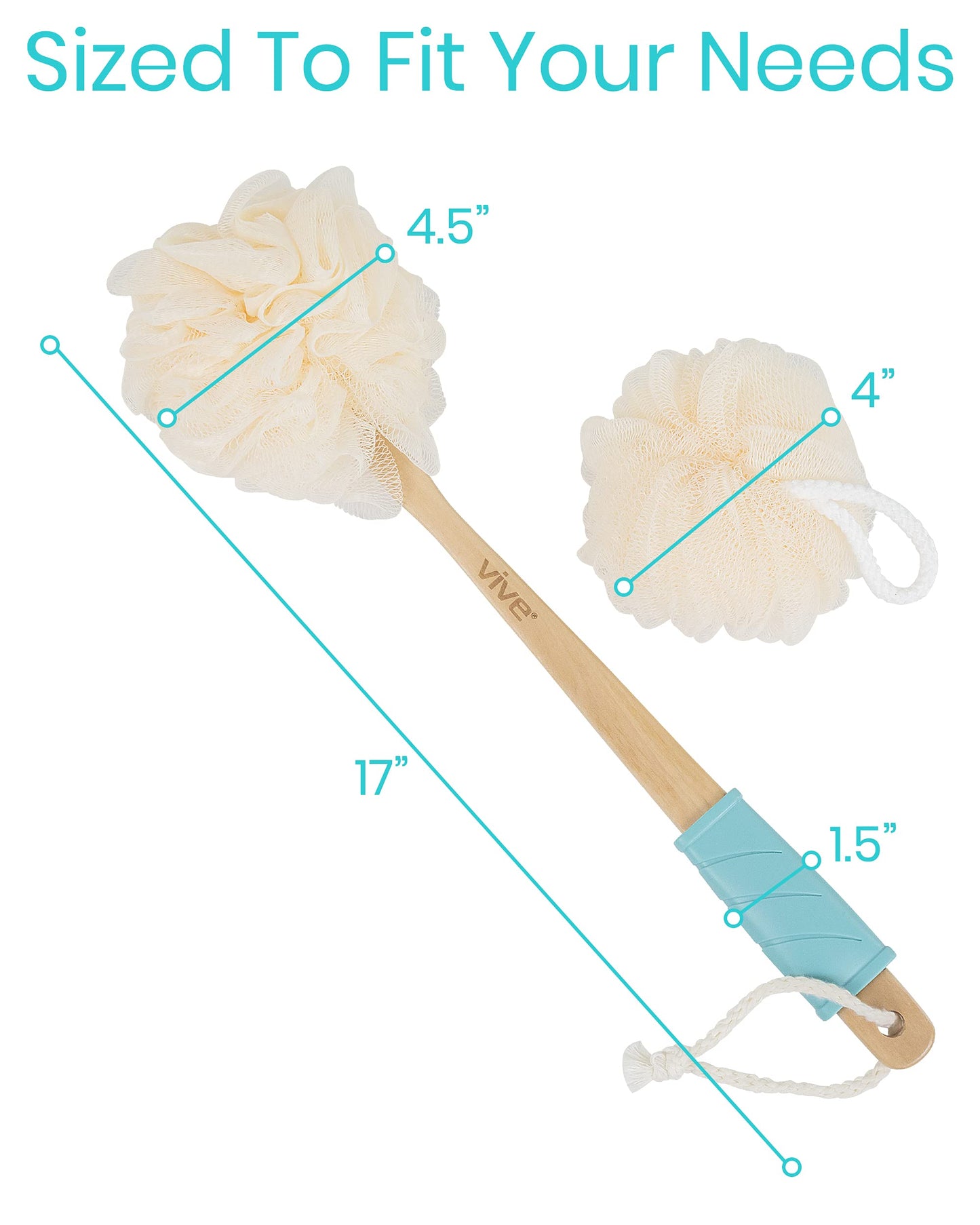 Vive 17” Shower Loofah with Long Handle - Exfoliating Back & Body Scrubber for Men & Women - Luffa Sponge on a Stick for Bathing, Cleaning - Includes