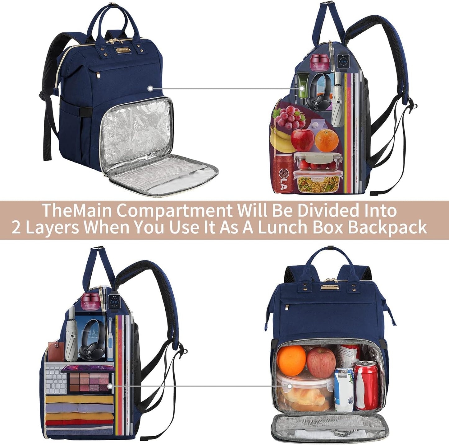 JCDOBEST Lunch Bag Backpack, Insulated Cooler Backpack Lunch Box Laptop Backpack with USB Port for Women Men Fits 15.6 Inch Laptop Blue