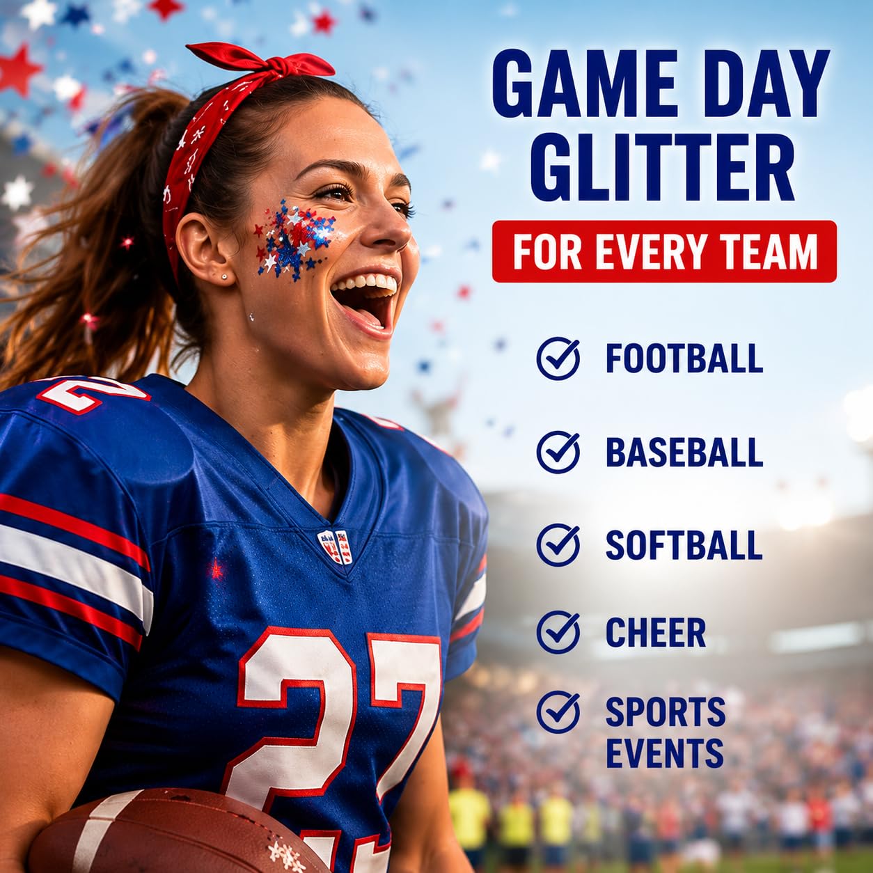 Patriotic Glitter Stick for Face Hair & Body, Red White Blue Star Glitter Makeup, 4th of July Accessories for Women, Football Game Day Face Glitter