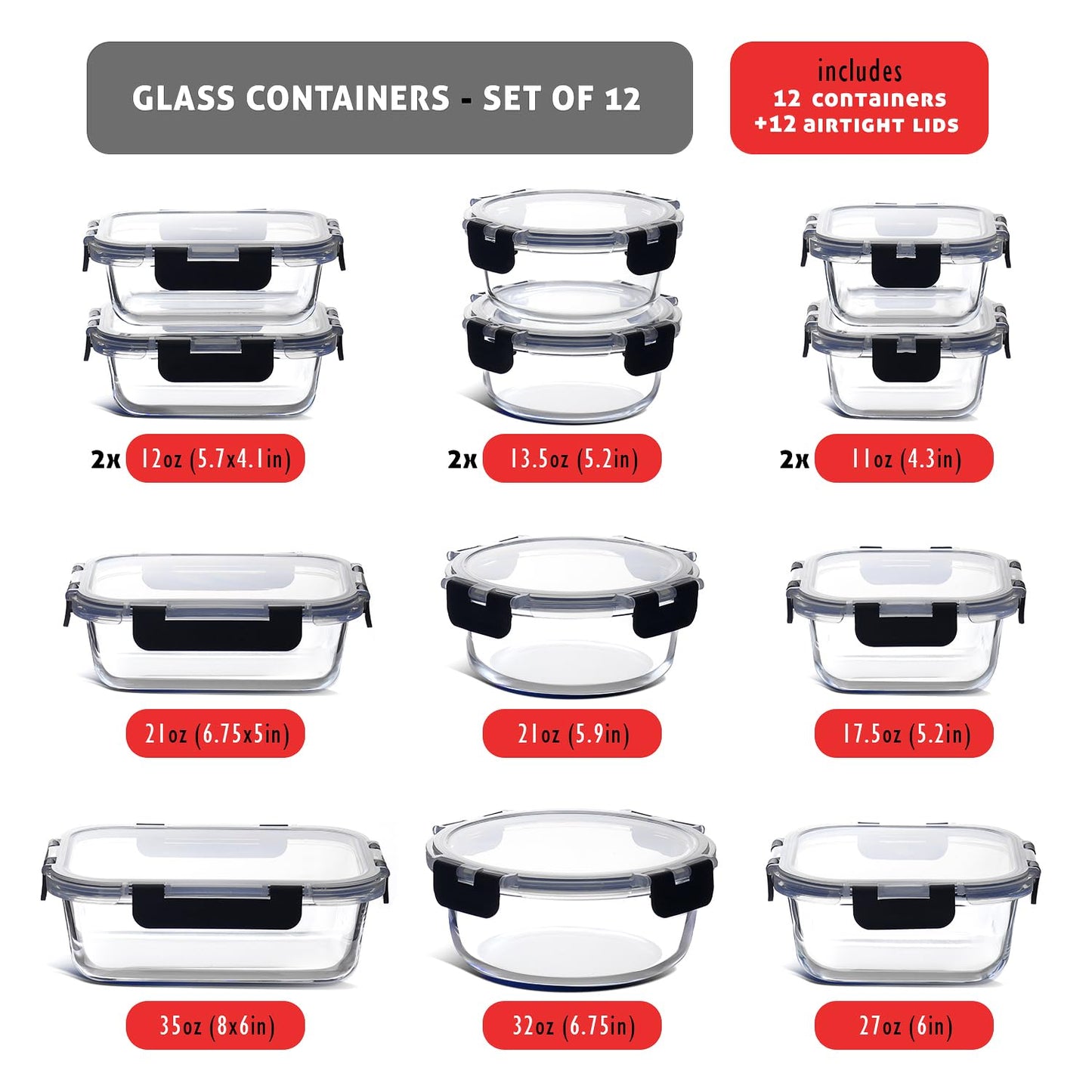 EATEX 24pc Glass Storage Containers with Lids, 12 Set Glass Food Storage Containers with 12 Airtight Lids, Pantry Kitchen Meal Prep Containers…