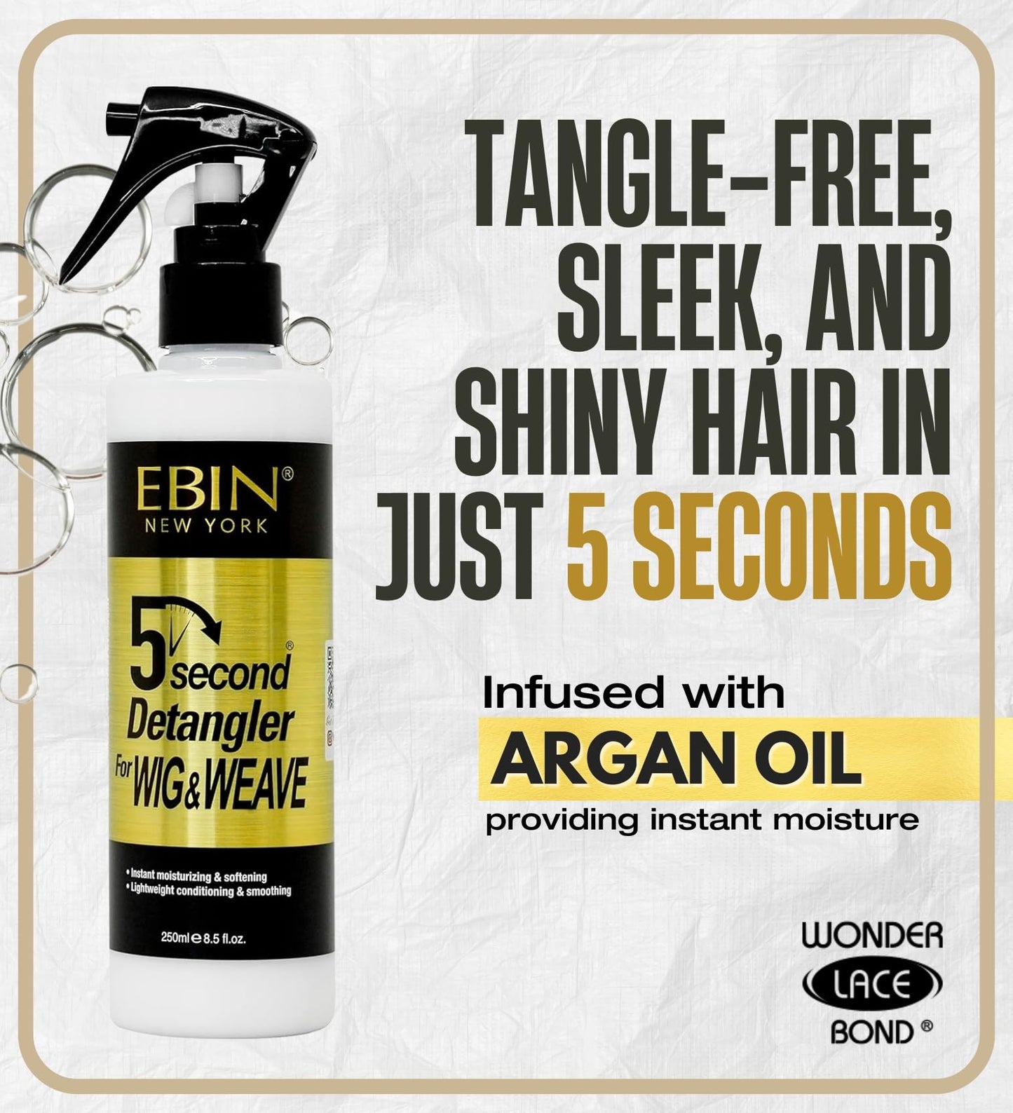 EBIN NEW YORK 5 Second Detangler - Moroccan Argan Oil Infused | Instant Moisture, Lightweight Conditioner | Softens, Smooths & Adds Shine | Wig