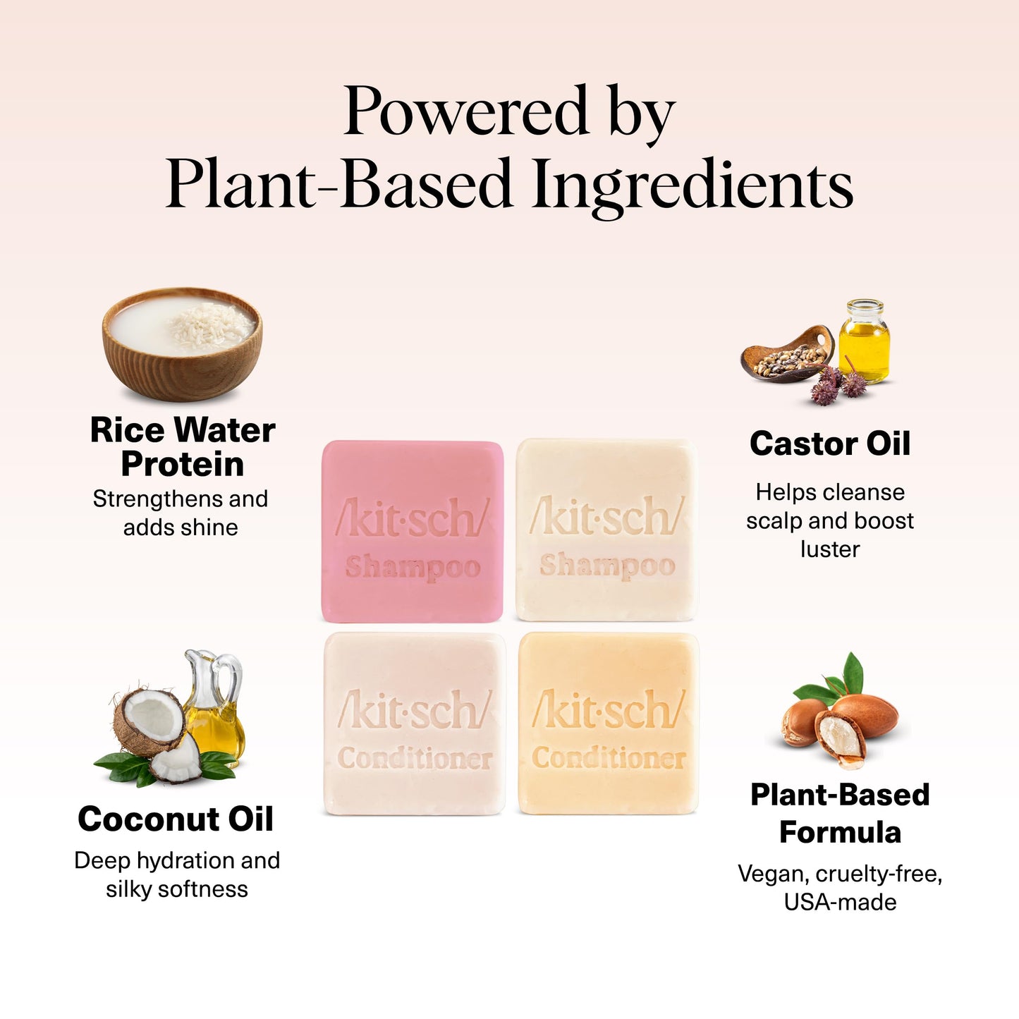 Kitsch Shampoo and Conditioner Set - 4pc Sampler Bars with Rice Water Shampoo and Conditioner, Castor Oil Shampoo & Coconut Oil Conditioner