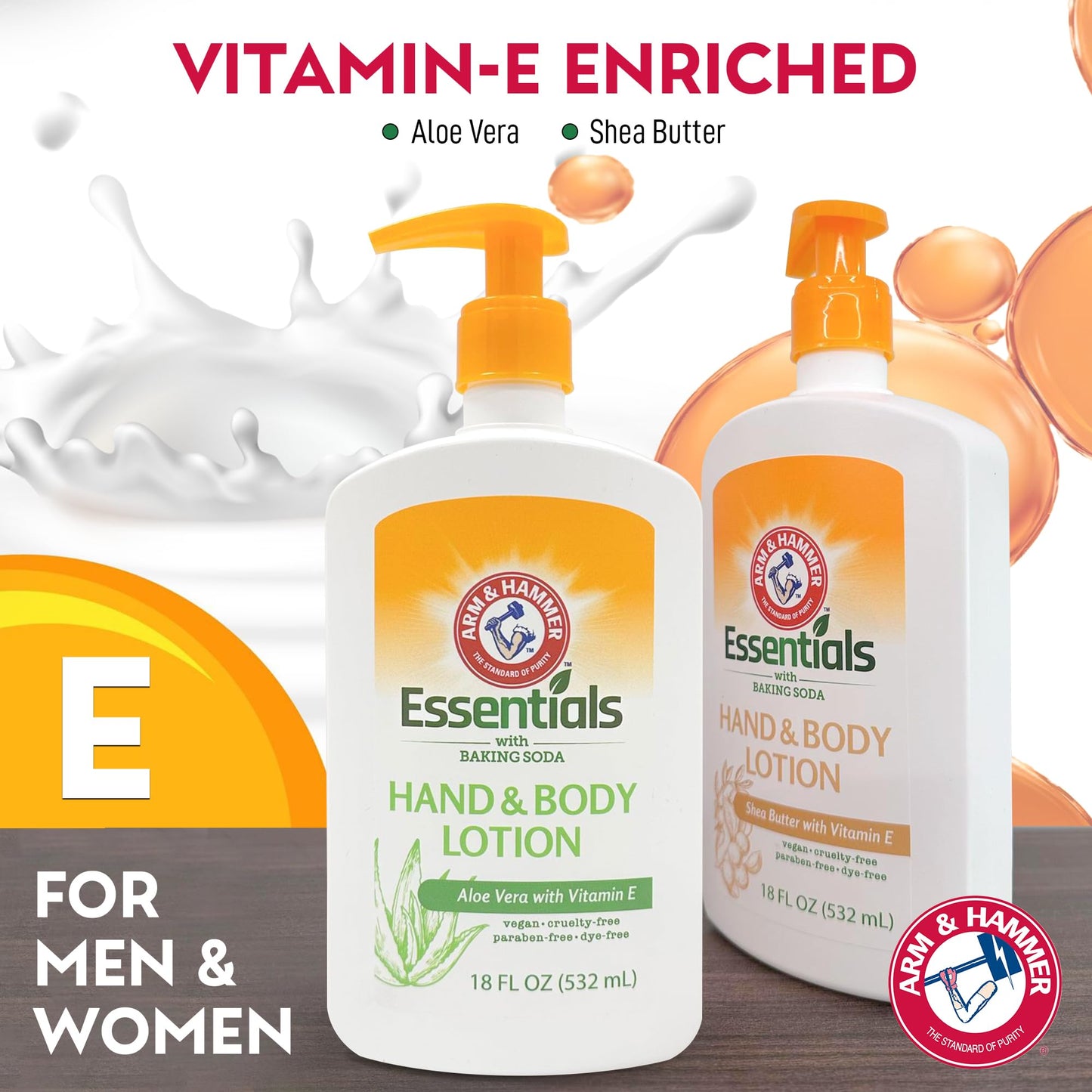 Arm and Hammer Essentials Hand & Body Lotion For Women and Men with Vitamin E 18oz Shea Butter Moisturizing Lotion for Dry Skin, Softness