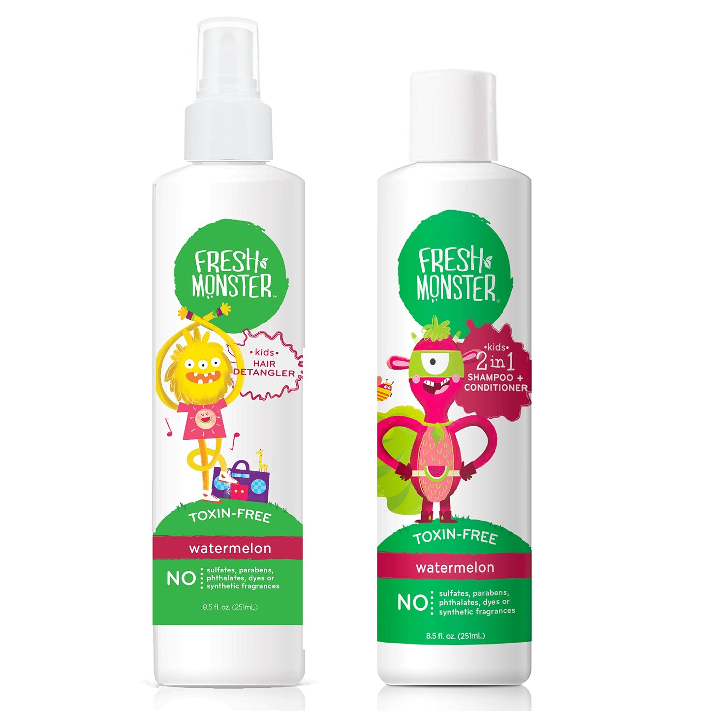 Fresh Monster Kids Hair Detangler Spray & 2-in-1 Shampoo & Conditioner Combo, Toxin-Free, Hypoallergenic & Natural, Watermelon (8.5 oz Detangler & 8.5