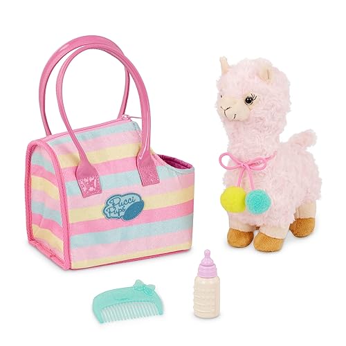 Pucci Pups - Plush Llama - Dog Carrier - Toy Llama - Striped Bag & Unicorn, Blue Comb & Bottle - Stuffed Animal - 3+ Years