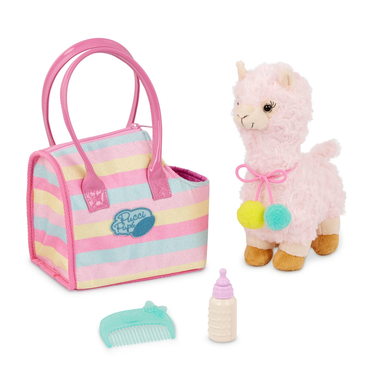 Pucci Pups - Plush Llama - Dog Carrier - Toy Llama - Striped Bag & Unicorn, Blue Comb & Bottle - Stuffed Animal - 3+ Years