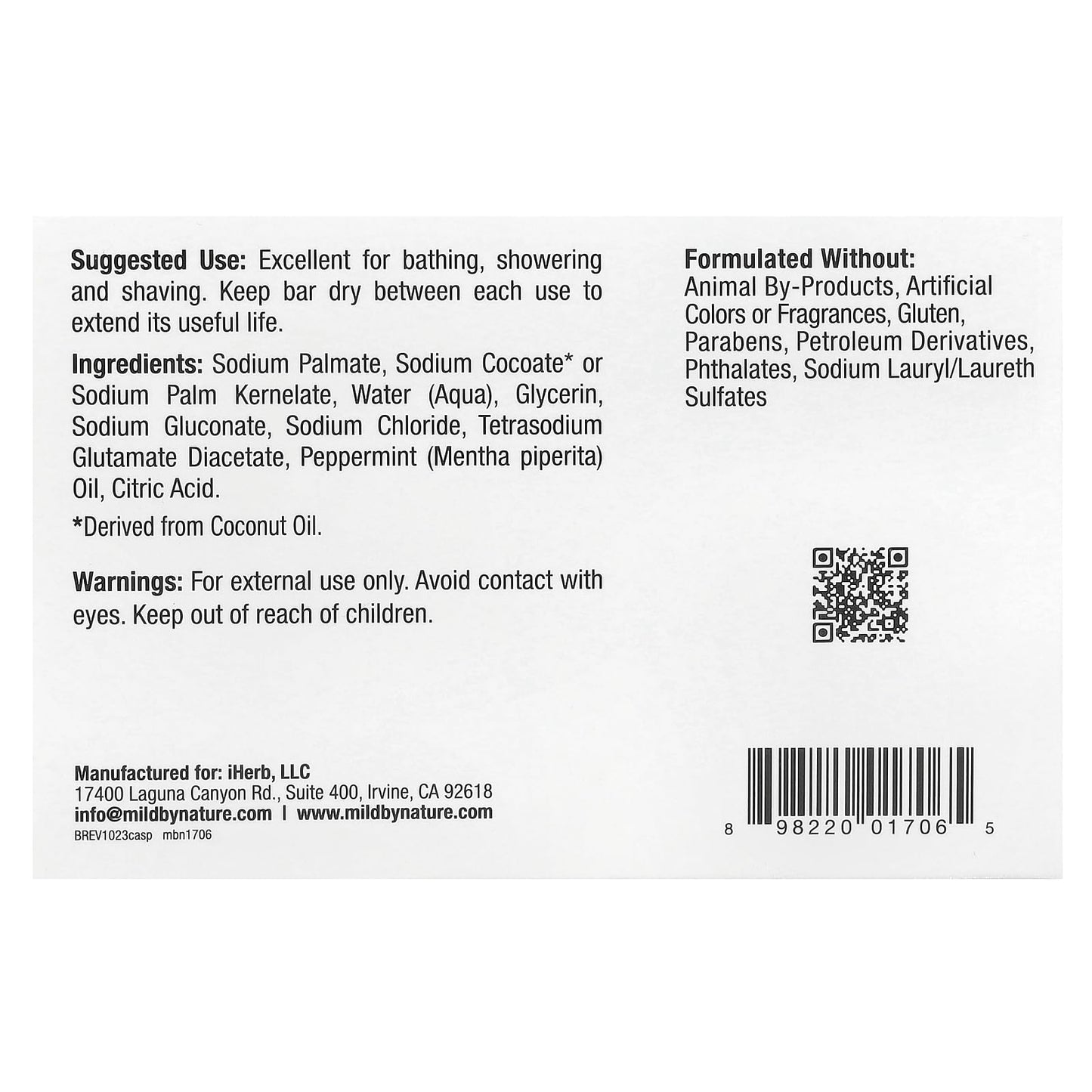 MILD BY NATURE Castile Bar Soap, Peppermint, 5 oz (141 g)
