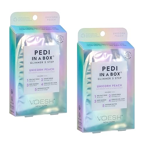 VOESH Pedi in a Box Glimmer - 2 Packs, Unicorn Peach, Pedi in a Box, Spa Pedicure Kit, Sparkly Pedicure, DIY Pedi, Foot Care, At-Home Pedi Products
