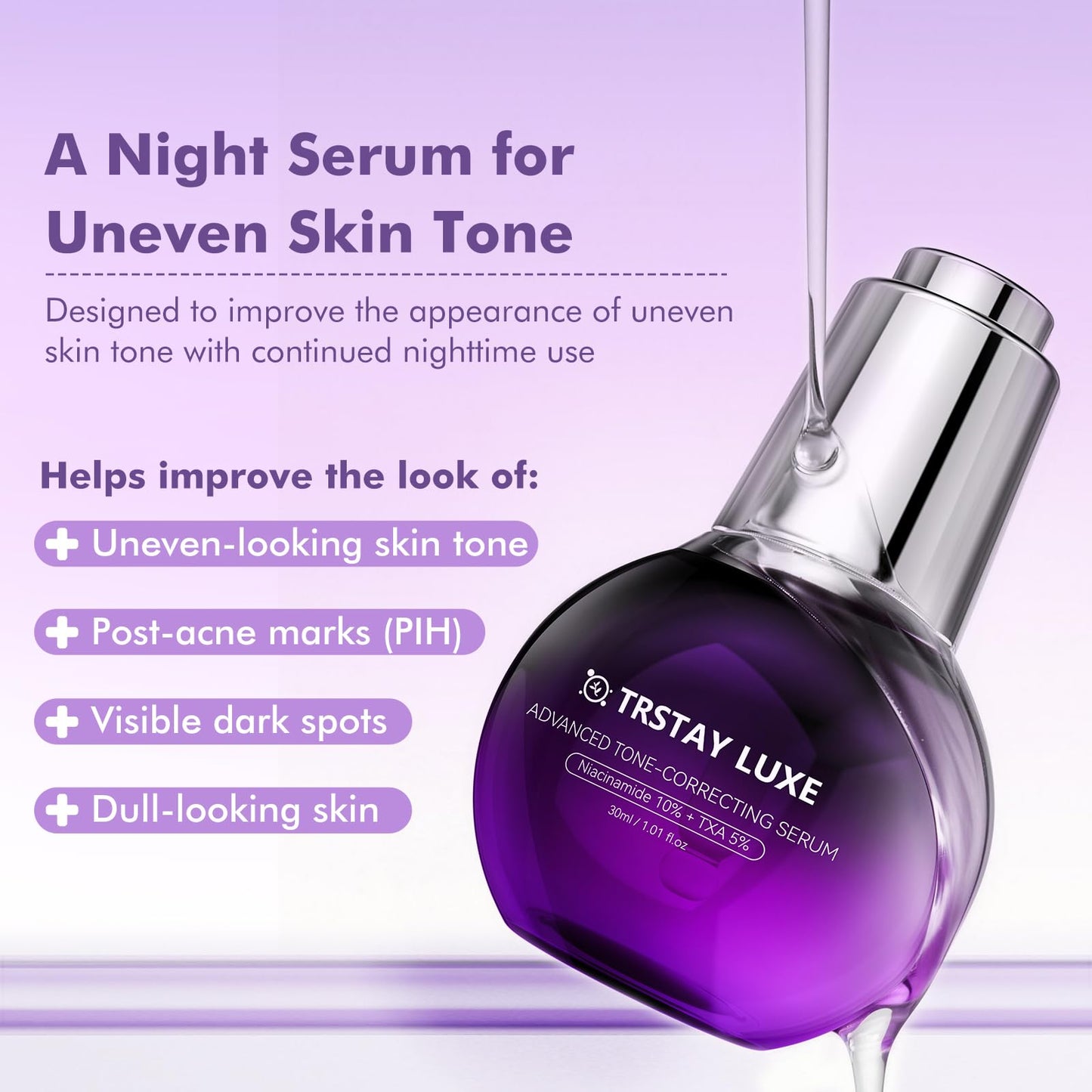 TRSTAY LUXE Night Serum for Uneven Skin Tone, Dark Spots & Post-Blemish Marks, 10% Niacinamide, 5% Tranexamic Acid, 2% Alpha-Arbutin + Ethyl Vitamin