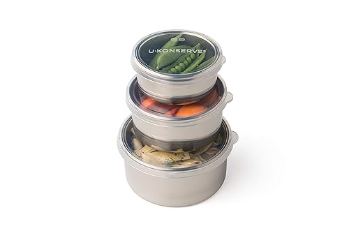U Konserve Stainless Steel Nesting Trio Food Containers with Silicone Lids, Leak Proof & Dishwasher Safe (Set of 3: 5/9/16 oz)