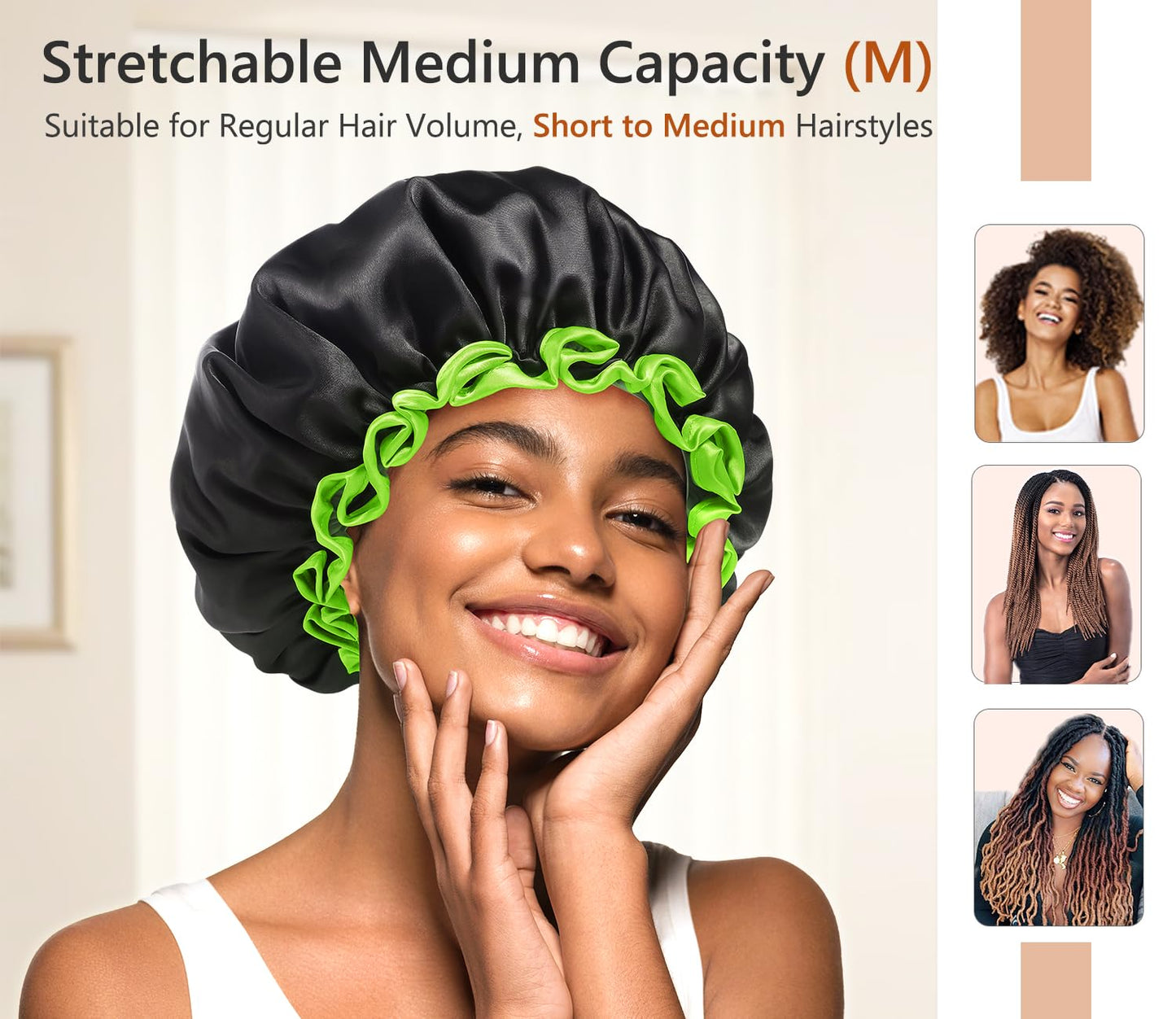 mikimini Black Shower Cap for Women, Men & Girls, 1 Pack, Reusable Double Layers Waterproof Bathing Shower Hat with Soft Comfortable PEVA Lining