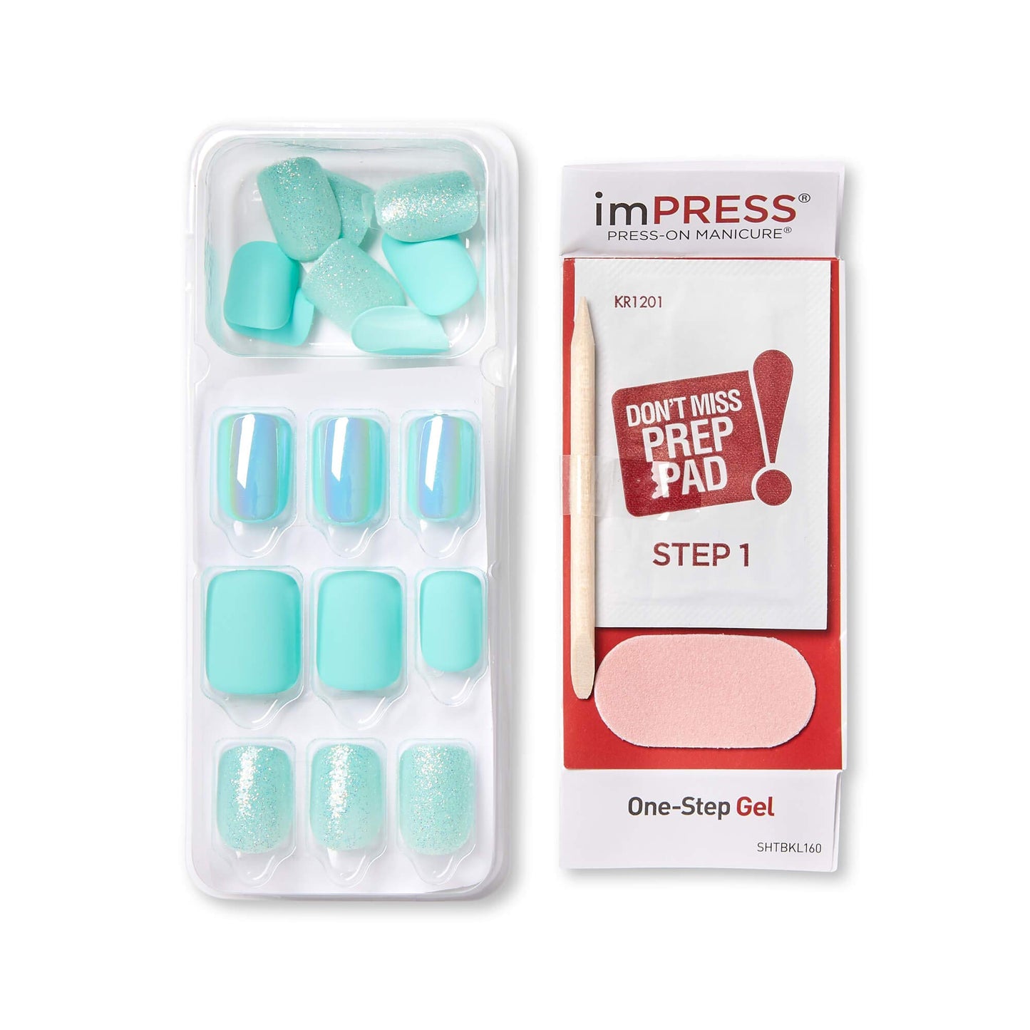 KISS imPRESS No Glue Mani Press On Nails, Design, 'Rain Check', Blue, Short Size, Squoval Shape, Includes 30 Nails, Prep Pad, Instructions Sheet, 1
