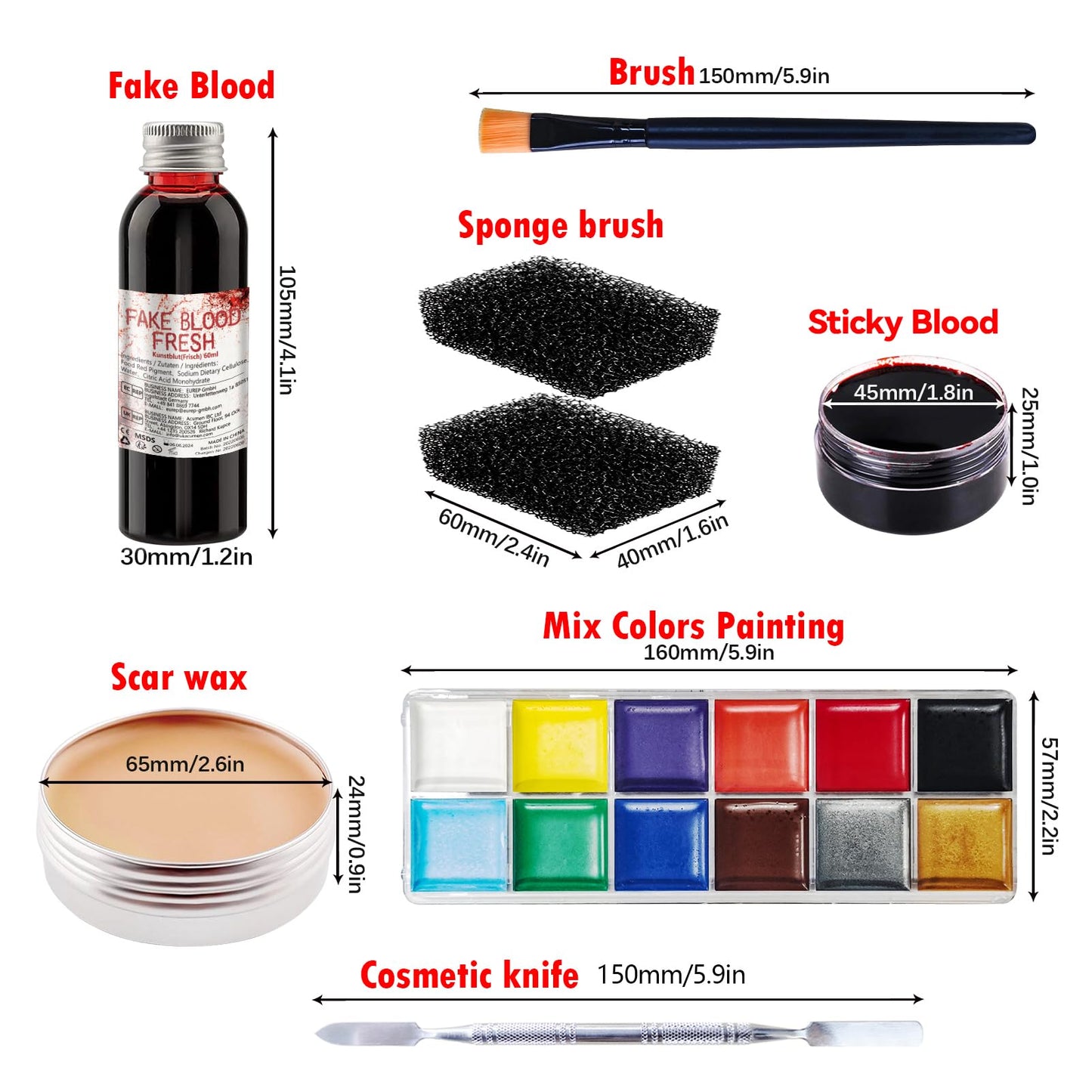 Professional Halloween SFX Special Effects Makeup Kits, Fake Blood, Scab Coagulated Blood Gel, 12 Colors Face Body Paint, Wound Modeling Scar Wax