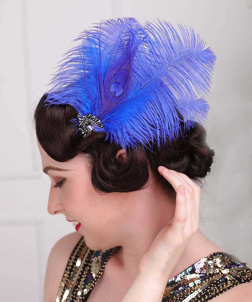 Aimimier 1920s Headpiece Flapper Royal Blue Feather Hair Clip Crystal Roaring 20s Prom Party Festival Hair Accessories for Women