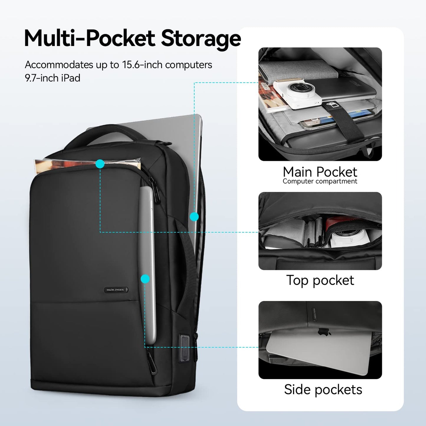 Muzee 3in1 Slim Business Backpack Laptop Backpack For Men with Executive Briefcase Casual Daypack Fits 15.6 Inch Laptop USB Port Black