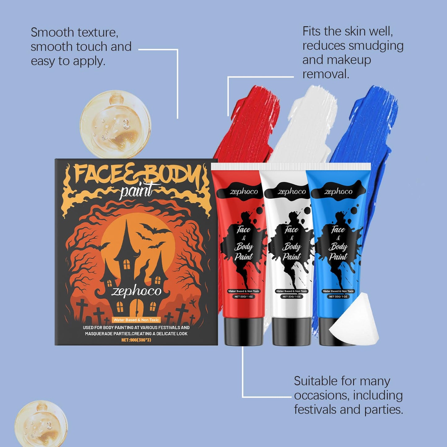 bobojuju Red White Blue Face Body Paint Set, 30g×3 Water-Based High Pigment Makeup, Safe for Sensitive Skin, Perfect for Halloween SFX Cosplay Clown