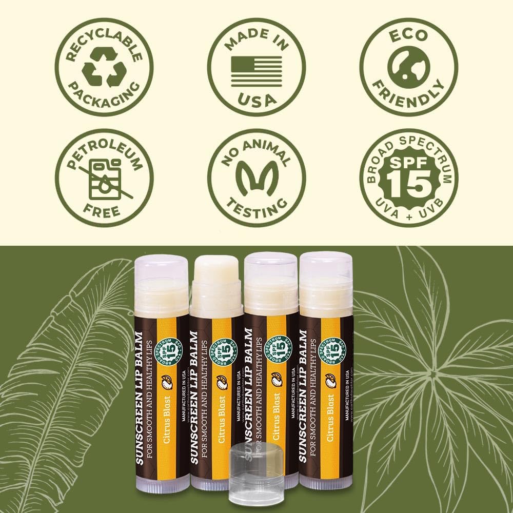 Earth's Daughter SPF Lip Balm 4-Pack Citrus Flavor Stocking Stuffers - Lip Sunscreen, SPF 15, Organic Ingredients, Beeswax, Coconut Oil, Vitamin E