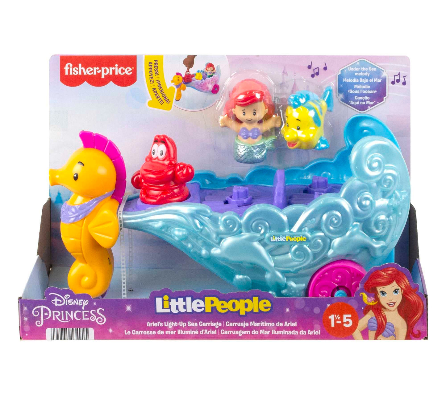 Fisher-Price Little People Toddler Toy Disney Princess Ariel's Light-Up Sea Carriage Musical Vehicle with 2 Figures for Ages 18+ Months