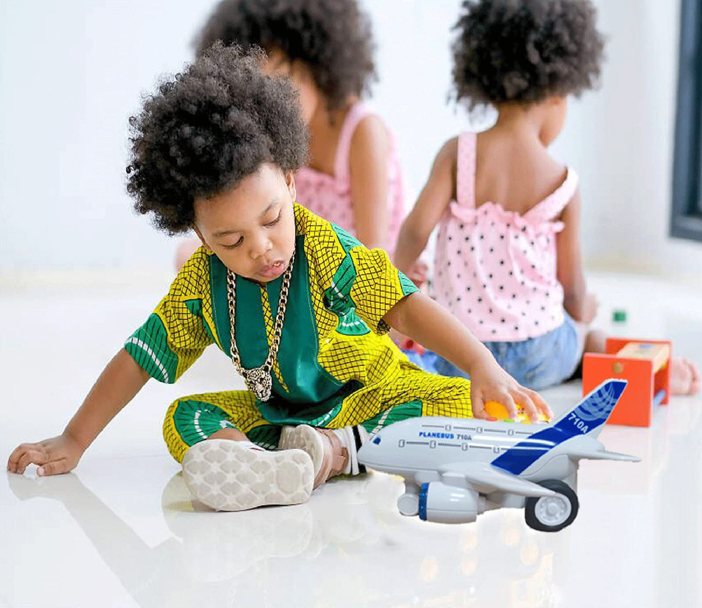OCCAFY Airplane Toy for Toddlers – 1:200 Scale Friction Powered Plane with Flashing Lights & Sounds, Toy Vehicle for Boys & Girls