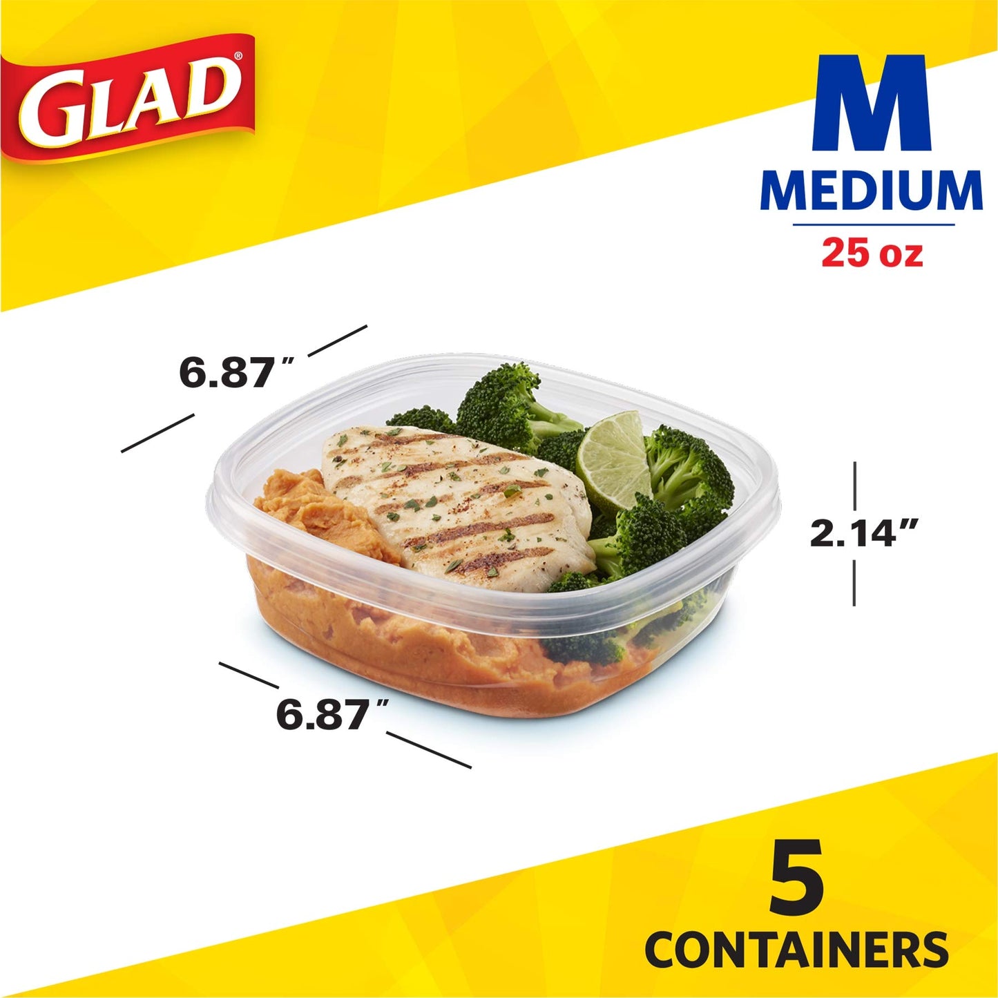 GladWare Entrée Food Storage Containers with Glad Lock Tight Seal | BPA Free | Medium Square Plastic Containers Hold Up to 25 Ounces of Food, 5 Count…
