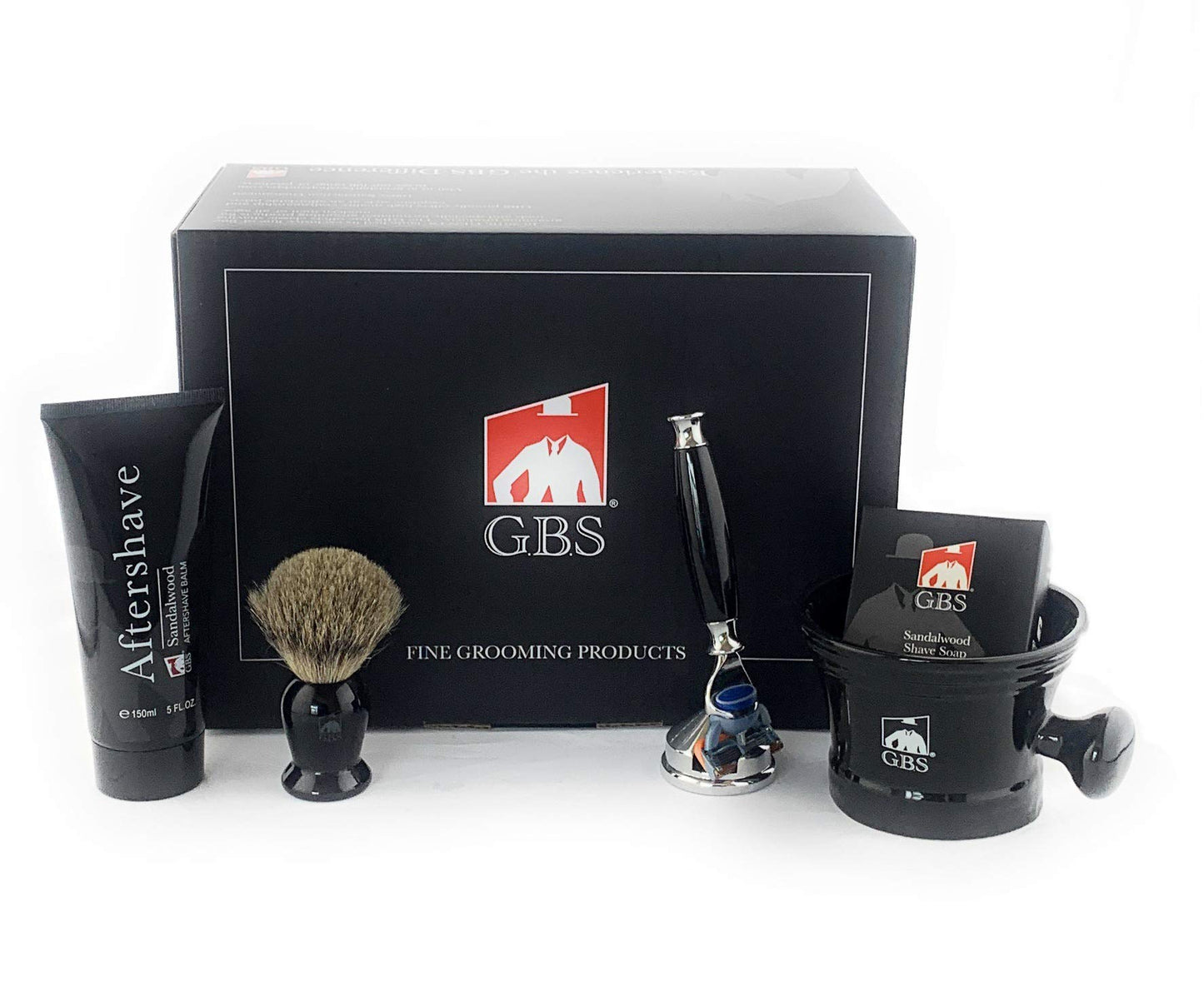 G.B.S Men’s Shaving Set, Blade Razor, Ceramic Black Shaving Mug, Badger Shaving Brush, Sandalwood Aftershave, Shaving Soap and Razor Cone Stand, Black Beauty and Personal Care G.B.S