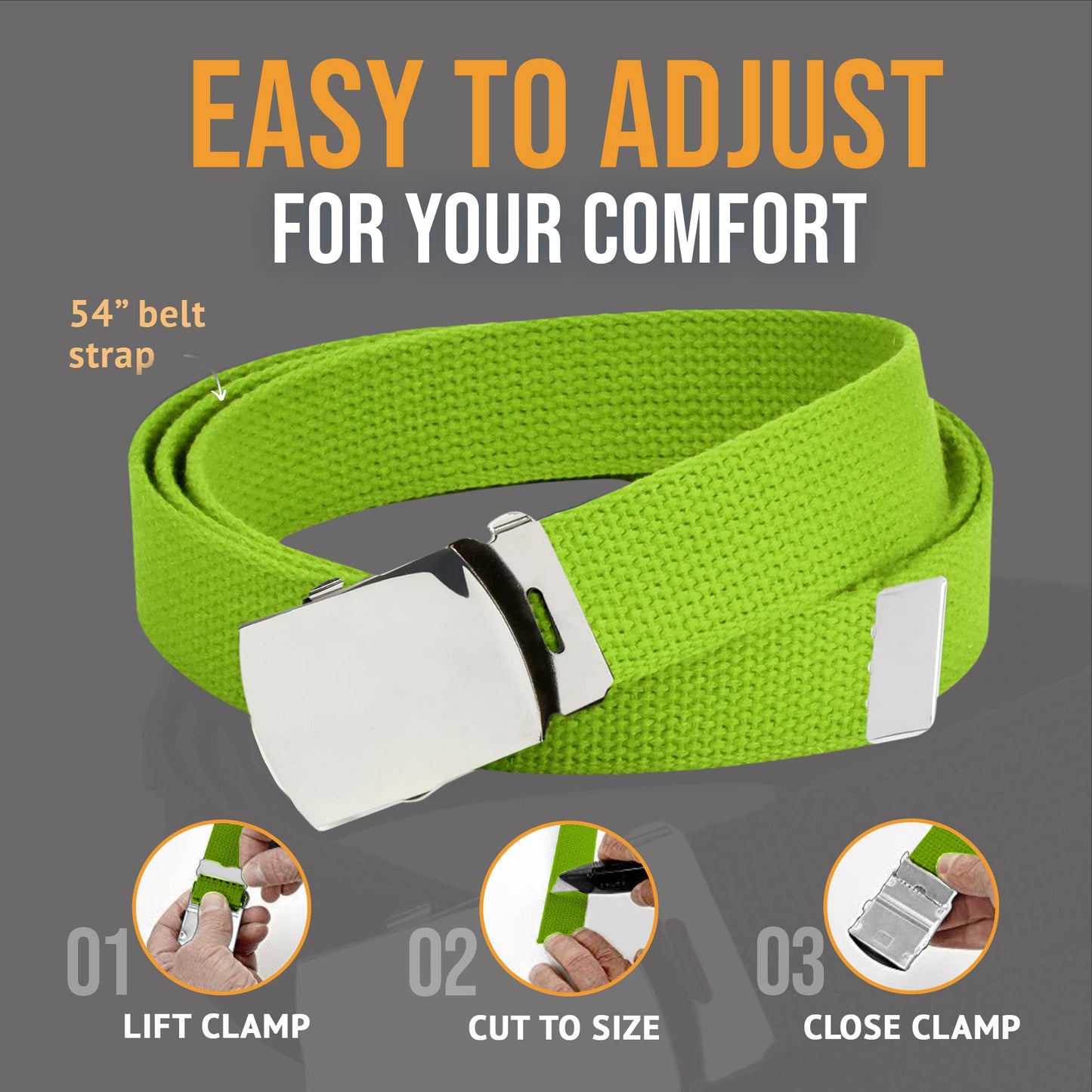 Hold’Em Military Canvas Webbing Belts for MEN’S-Polished Silver Slider Buckle Heavy Duty Adjustable -Lime Green