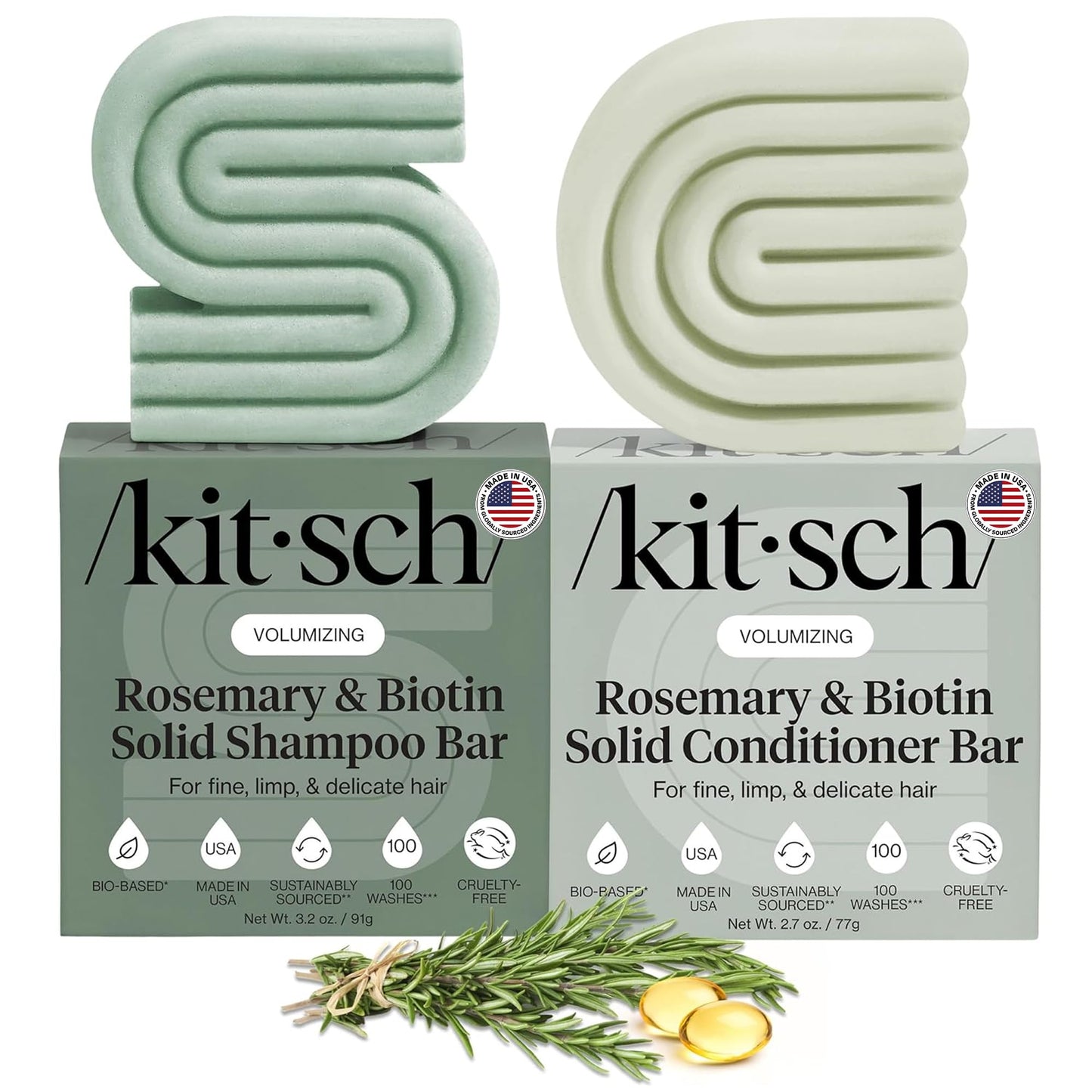 Kitsch Rosemary & Biotin Shampoo and Conditioner Set for Hair Growth - Strengthening, Thickening & Volumizing Shampoo and Conditioner Bar - Paraben