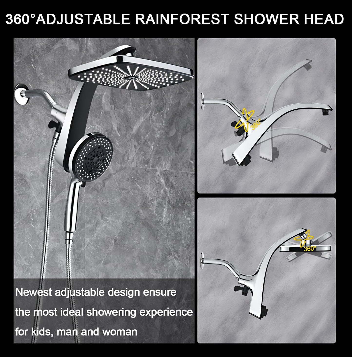 High Pressure Rain Shower Head Combo, Fixed & 10-Spray Handheld with Magnetic Docking, Detachable Power Jet Showerhead Upgrade