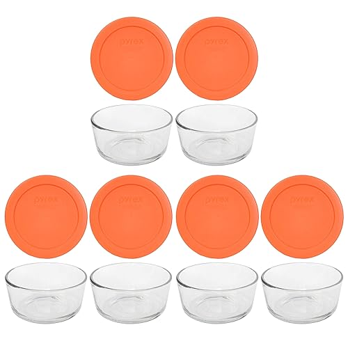 Pyrex (6 7200 2 Cup Glass Dishes & (6) 7200-PC 2 Cup Orange Lids - Made in the USA