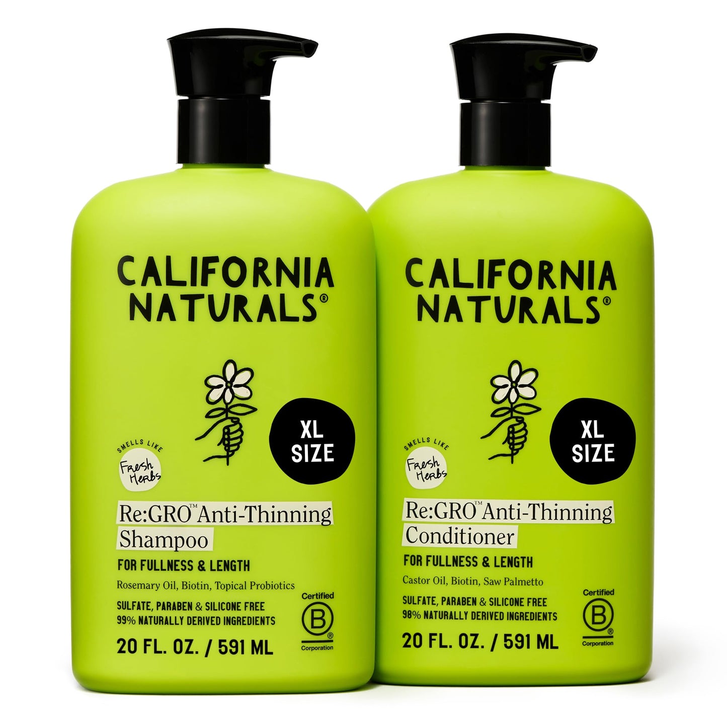 California Naturals Re:GRO Anti-Thinning Shampoo & Conditioner Set, Biotin, Caffeine & Rosemary Oil, Hair Loss & Thinning Support for Women and Men
