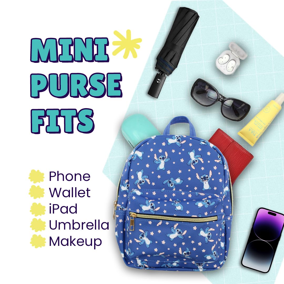 Disney Stitch with Flowers Mini PU Leather Backpack Purse with Adjustable Straps 10 In