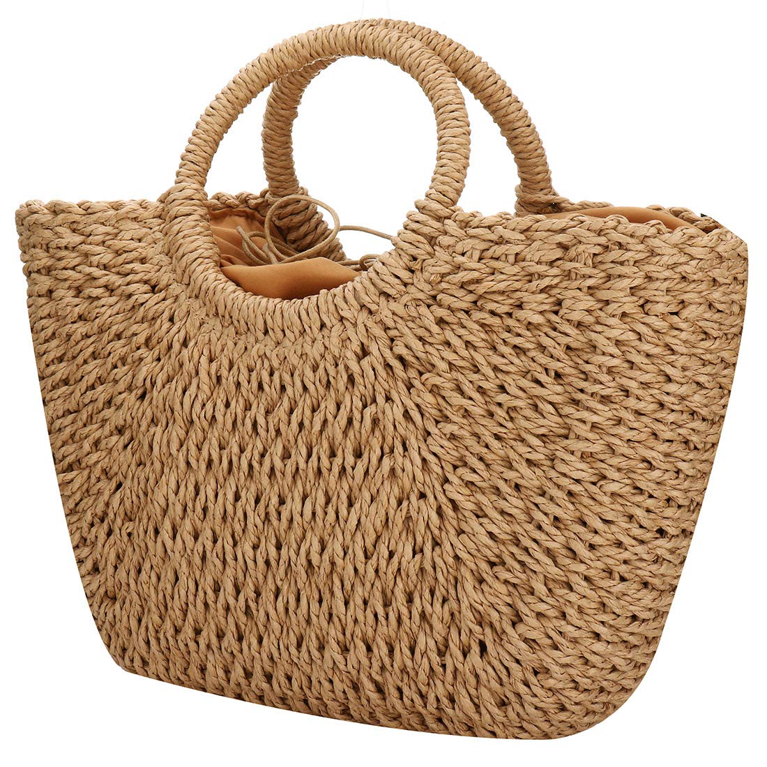 EROUGE Natural Chic Straw Bag Hand Woven Round Handle Handbags Retro Summer Beach Bag (Coyote brown)