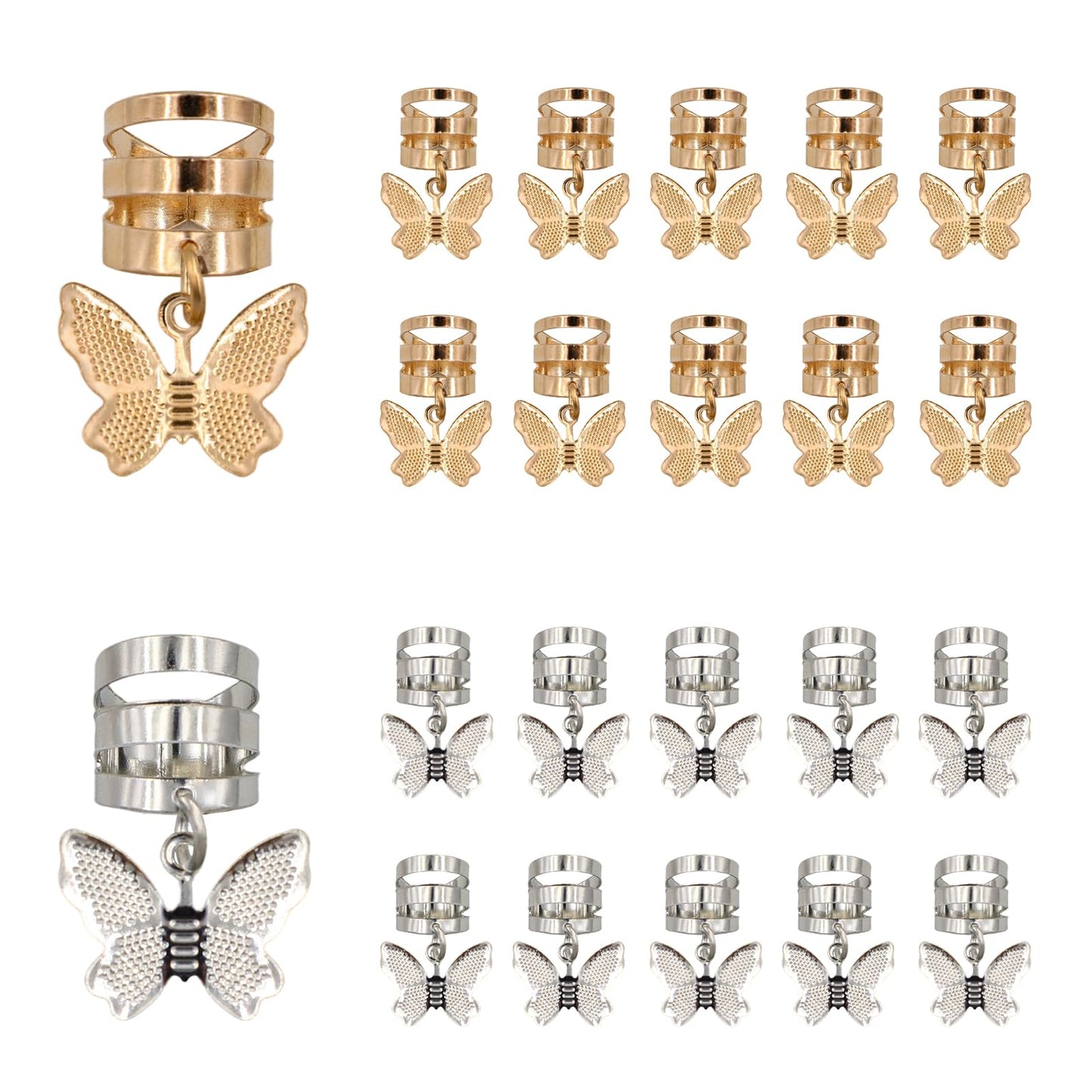 20Pcs Gold Silver Butterfly Cuffs for Women's Braids, Dreadlocks - Aluminum Rings, Adjustable Metal Clips, Hair Decorations
