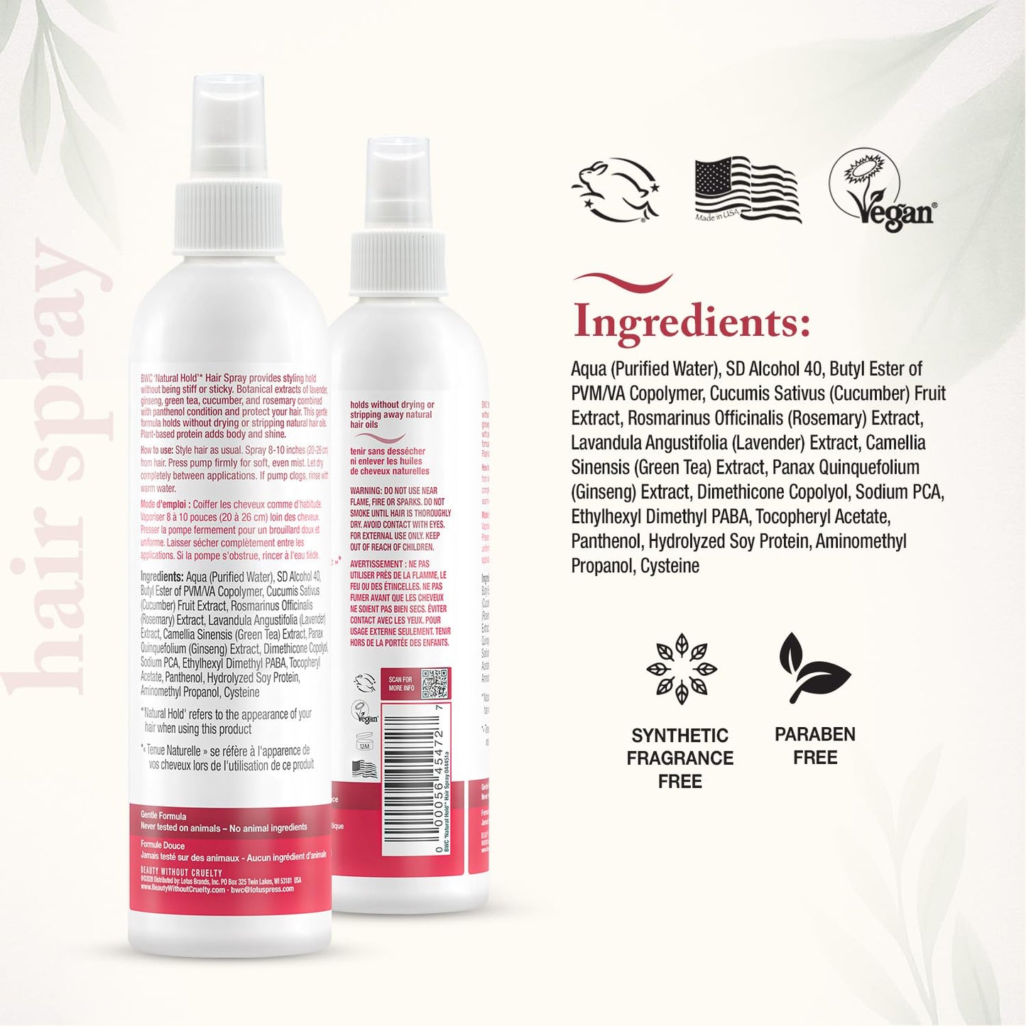 Beauty Without Cruelty Hair Spray, “Natural Hold” - Non-Aerosol Spray with Rosemary, Lavender & Green Tea Extracts, Vegan-Friendly & Cruelty-Free, 8.5