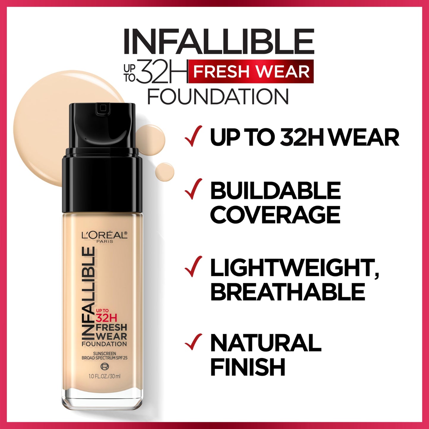 L'Oreal Paris Makeup Infallible Up to 32 Hour Fresh Wear Lightweight Foundation, 465 Sand, 1 Fl Oz, Packaging May Vary