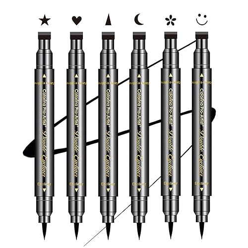 SUMEITANG 6 Pcs Double-headed Eyeliner Stamps Set Black Liquid Eye Liner Pen With Star,Moon,Heart,Flower,Smiley,Triangle Stamp Stencils Shapes