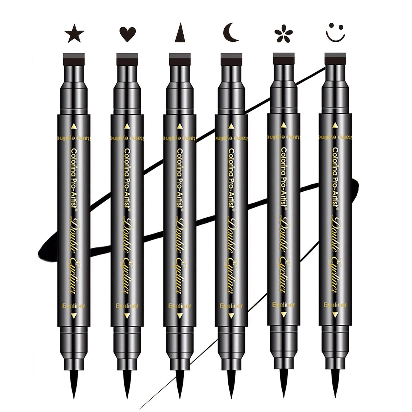 SUMEITANG 6 Pcs Double-headed Eyeliner Stamps Set Black Liquid Eye Liner Pen With Star,Moon,Heart,Flower,Smiley,Triangle Stamp Stencils Shapes
