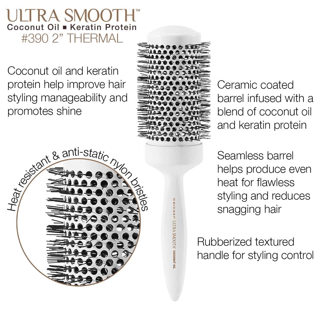 Cricket Ultra Smooth Coconut Thermal Hair Brush - 2” Ceramic Barrel, Coconut Oil and Keratin-Infused, Anti-Static Heat-Resistant Bristles, Textured