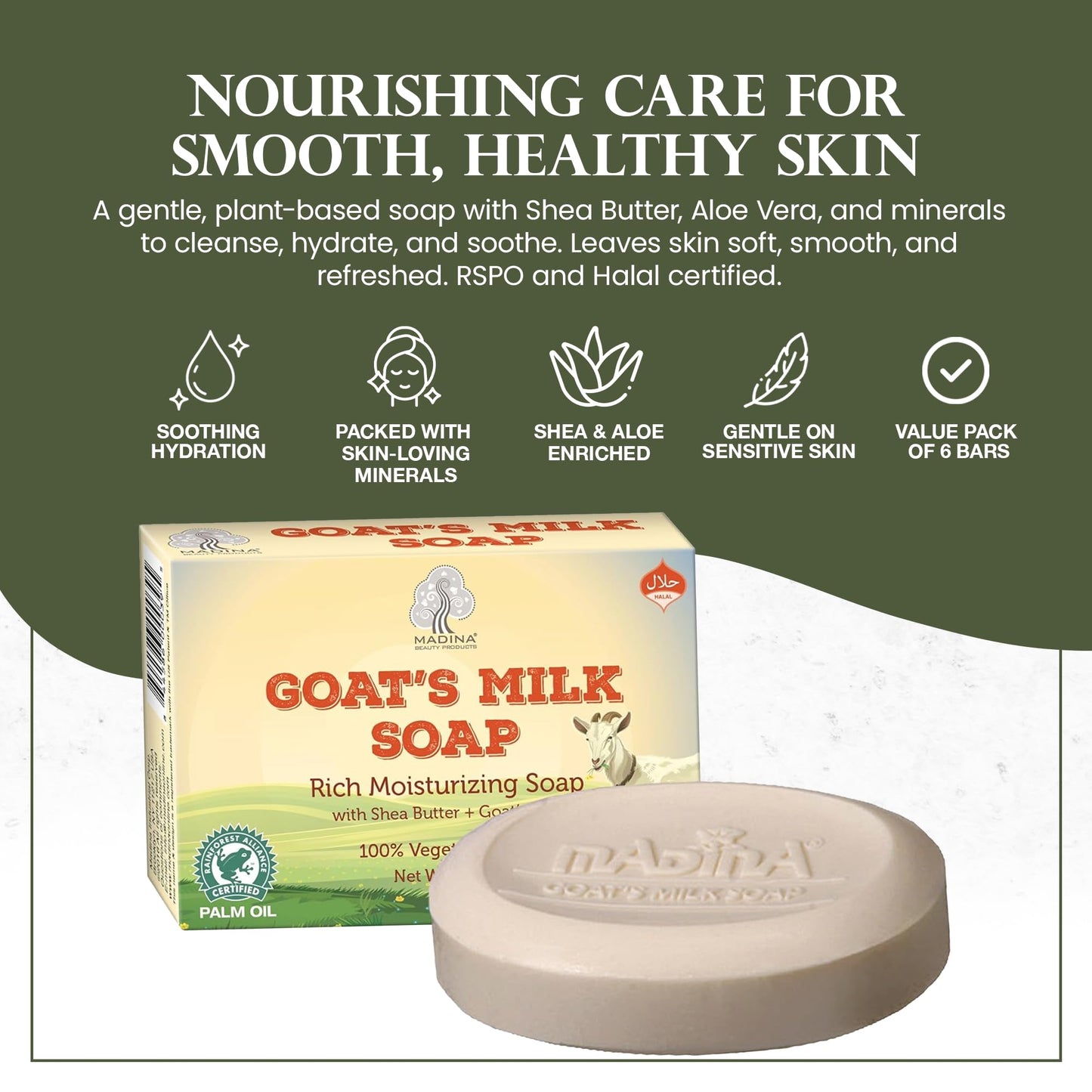Madina Goat Milk Soap Bar - Hydrating, Moisturizing, Nourishing, Natural Vegetable-Based, Gentle Cleanser for All Skin Types, RSPO & Halal, 6 Pack