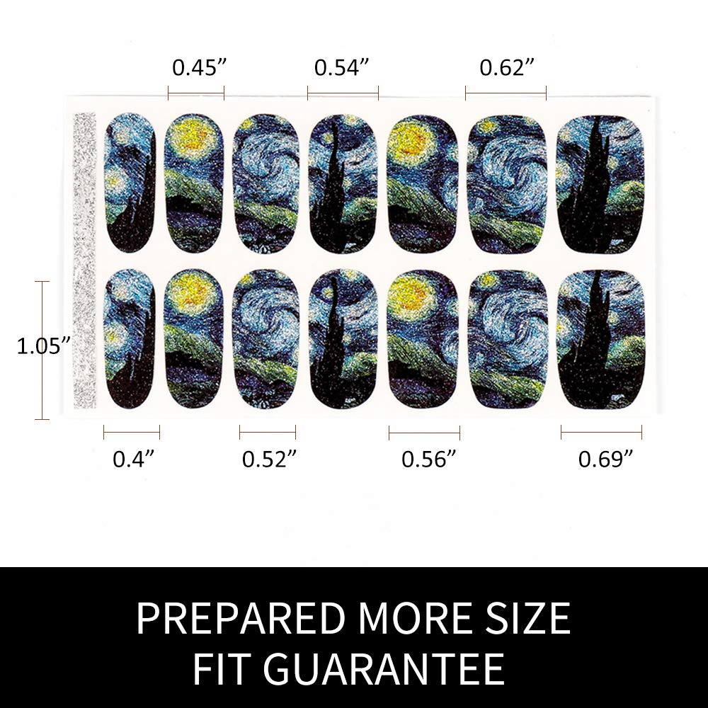 3D Van Gogh's Starry Night Fullnail Stickers, Full Nail Starry Sky Art Gel Nail Polish Sticker Decals, Shimmery Glittery, Long Lasting, Easy to Apply