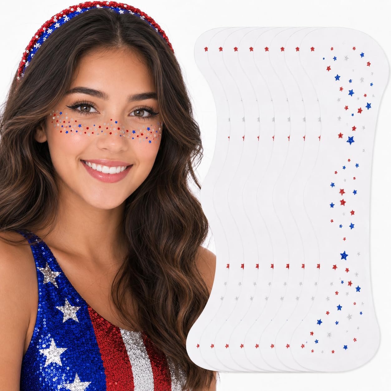 Artlunar 8Pcs 4th of July Face Tattoos, Red White Blue Irregular Mini Star Freckle Stickers for Women & Kids, Patriotic Makeup for Independence Day