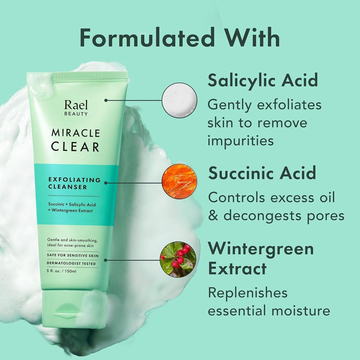 Rael Miracle Clear Face Wash 5 oz – Gentle Exfoliating Cleanser with Succinic Acid & Minerals, Hydrating Daily Formula for Acne-Prone & Sensitive Skin