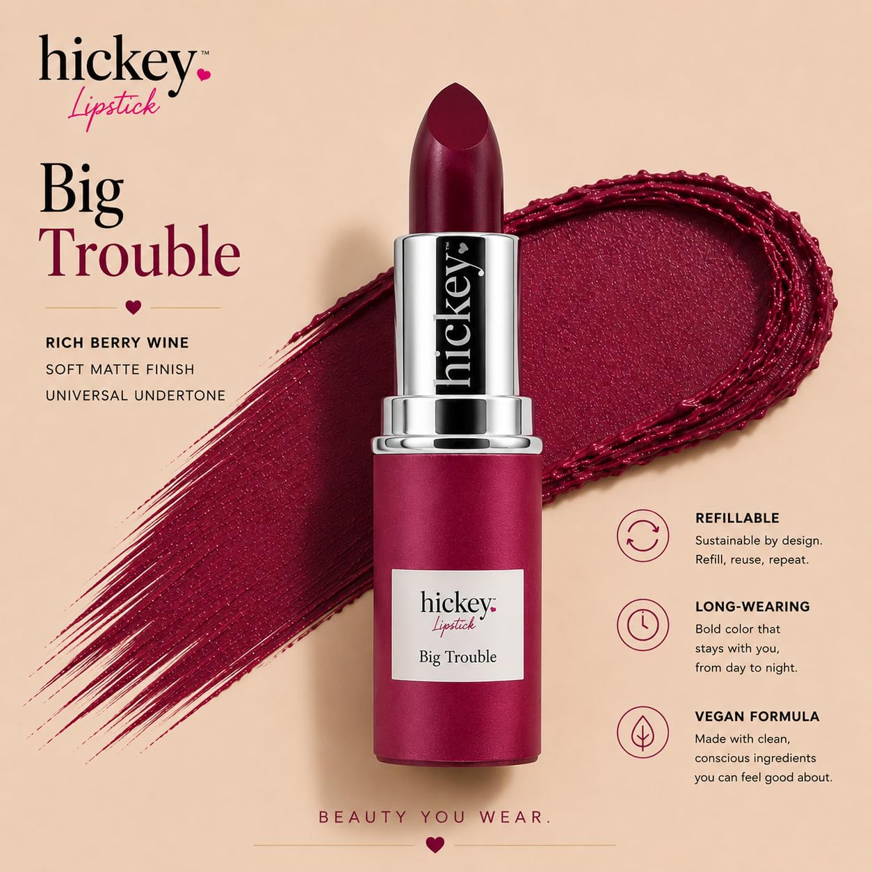Hickey Lipstick Refill - Big Trouble (Berry Wine) - Hydrating Formula with Jojoba Oil, Long Lasting Velvet Finish Formula - Vegan & Gluten-Free